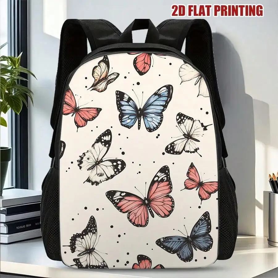 Butterfly Print Cream Backpack Lightweight Zipper Closure Daily Commute Bag For Adults