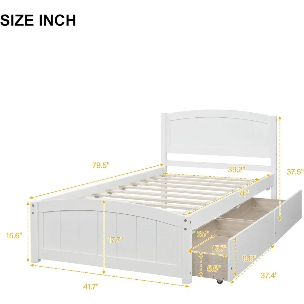 Wooden Bedstead Headboard and Tailboard Under 2 Drawers, No Spring Mattress, Wooden Batten Support, Flat Noodles Base, White