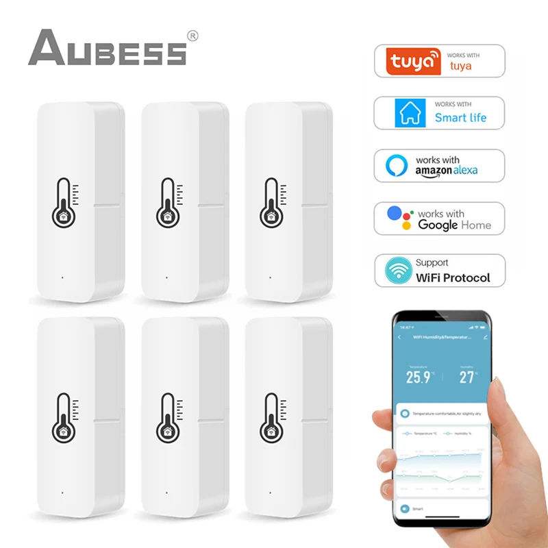 AUBESS Tuya-Sensor inteligente de temperatura y humedad, WiFi, recordatorio de monitoreo, funciona con Smart Life, Control por voz, Alexa y Google