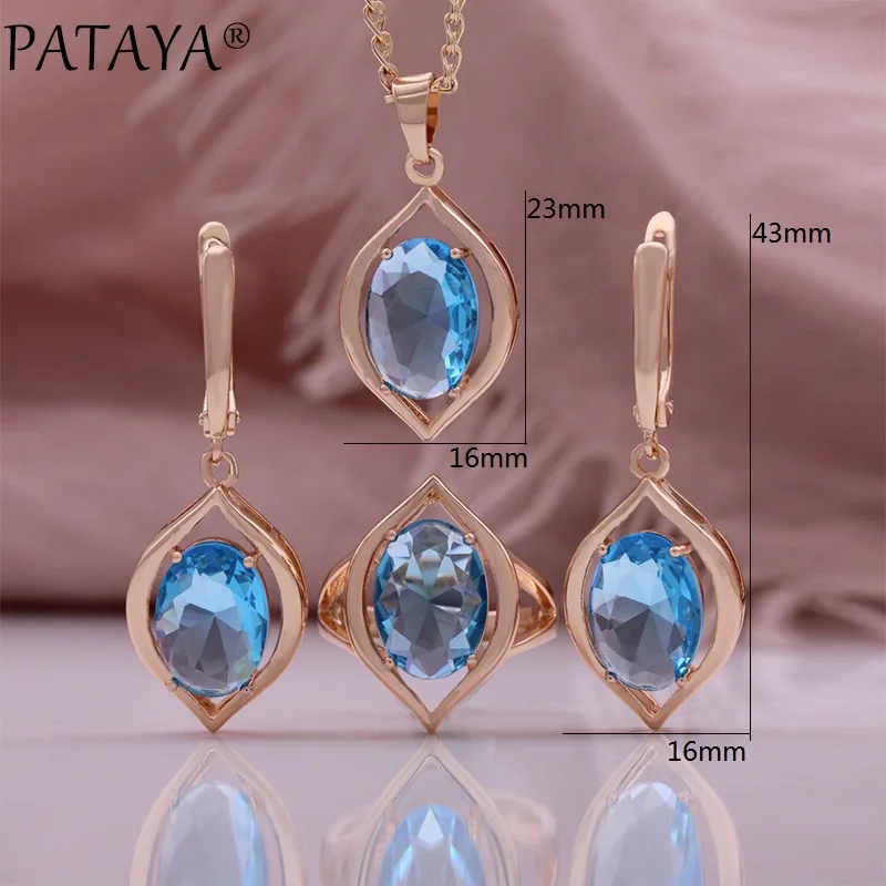 PATAYA Blue Zircon Women 585 Gold Rose Color Round Cubic Zircon Pendant Earrings Rings Sets Optional Necklace Chain Jewelry