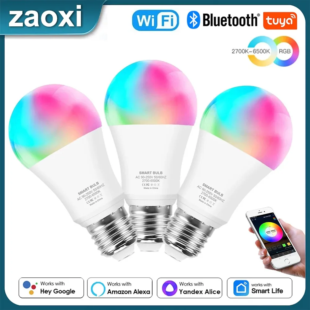 ZAOXI Tuya WIFI/Bluetooth LED Smart Light Bulbs E27 9W APP Timing RGBCCT LED Bulb Works With Alexa Google Home Voice Control