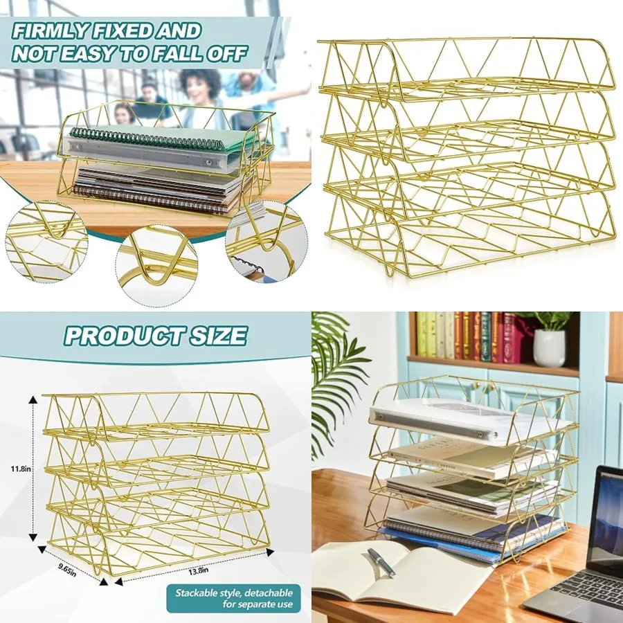 4 Tier Stackable Gold Desk Organizer Paper Tray Rack Metal Letter Desk File Organizer Horizontal Holder File Trays for Office D