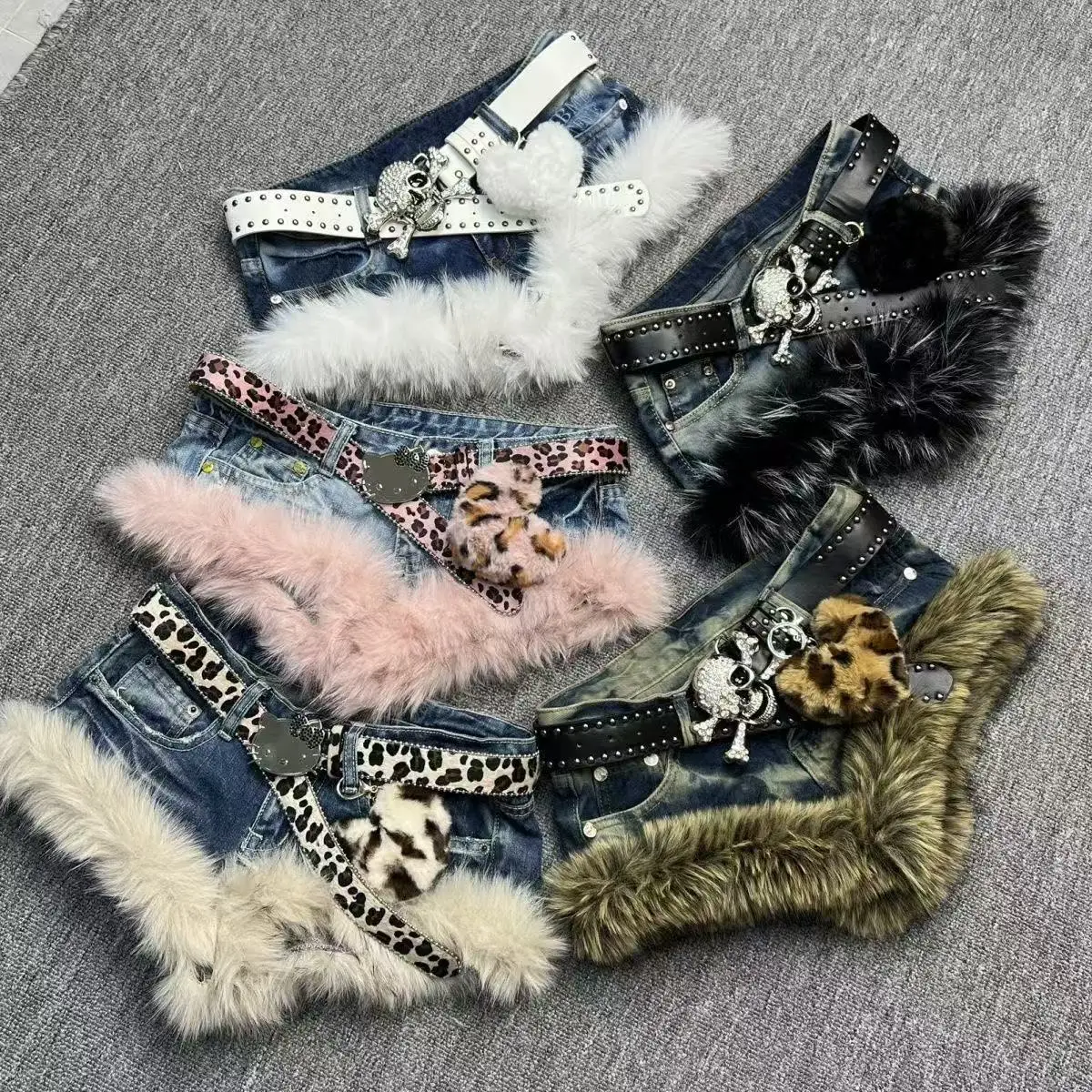 Y2K Vintage Furry Trim Denim Shorts Women Sweet Retro Fluff Spliced Short Pants Winter Harajuku Fashion Low Waist Shorts New