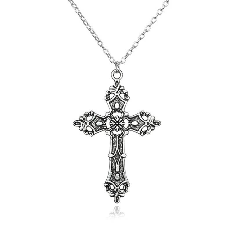 Retro Baroque for Cross Floral Necklace Fashion Bohemia Christ for Cross Necklace Gothic Pendant Necklace with Metal Cha