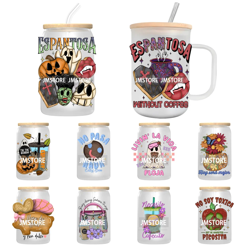 الشارات المكسيكية Conchas Spooky Ghost Concha UV DTF جاهزة لتطبيق ملصقات نقل مقاومة للماء المطبوعات لعلبة زجاج Libbey سعة 16 أونصة