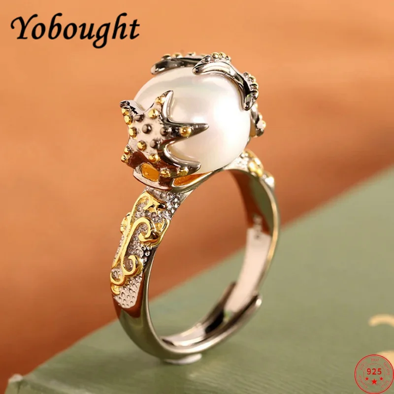 

S925 sterling silver rings for women men new fashion contrast colored starfish inlaid freshwater pearl jewelry free shipping