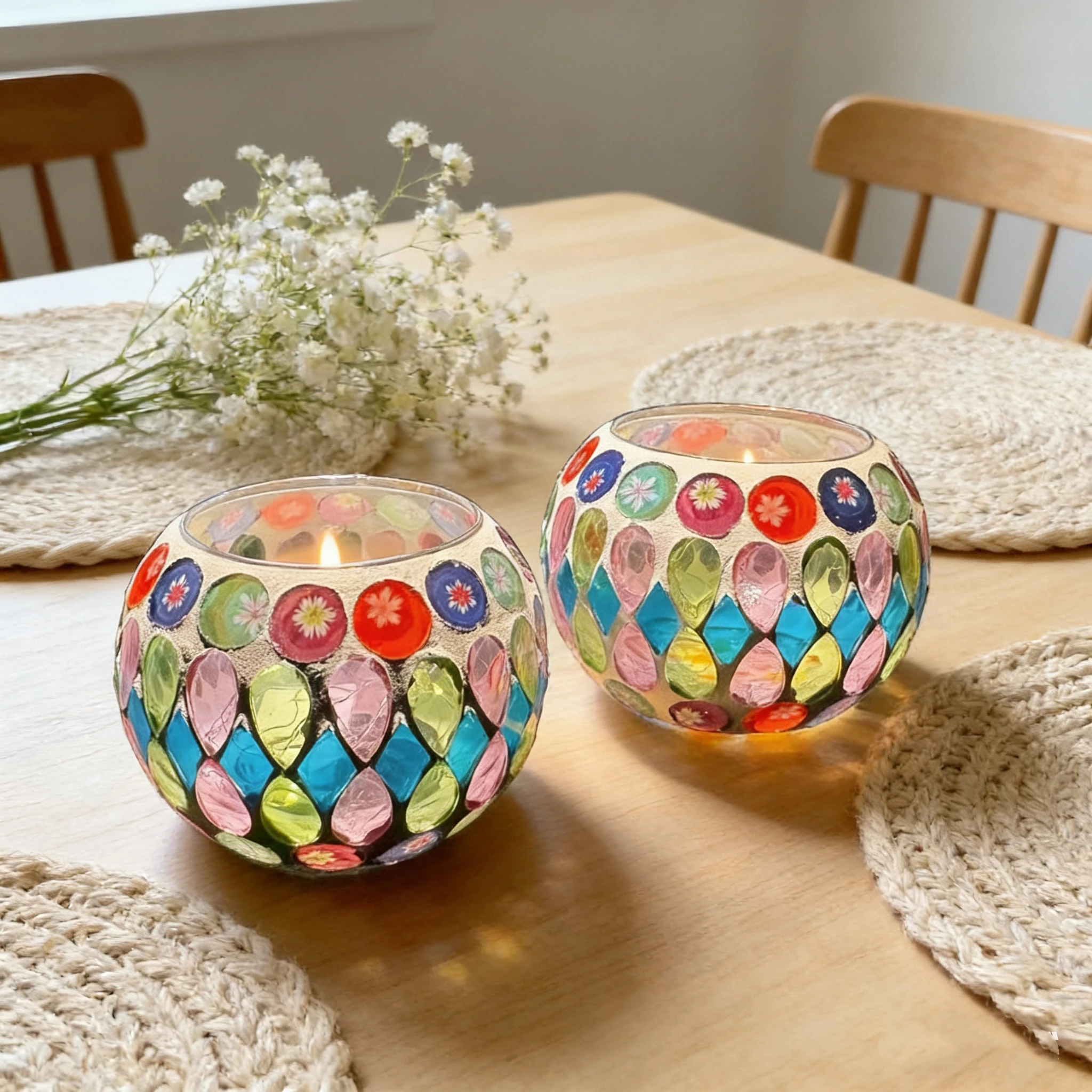 Bohemian Handmade Mosaic Glass Candle Holder - Colorful Moroccan Style Votive Candlestick for Home Decor, Wedding Party and Gift