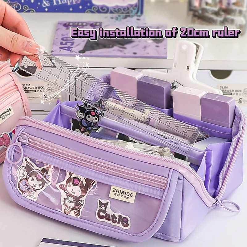 Sanrio-estuche de lápices Kawaii Kuromi Cinnamoroll Melody, bolsa de lápices escolares, gran capacidad, suministros de papelería, bolsas de cosméticos