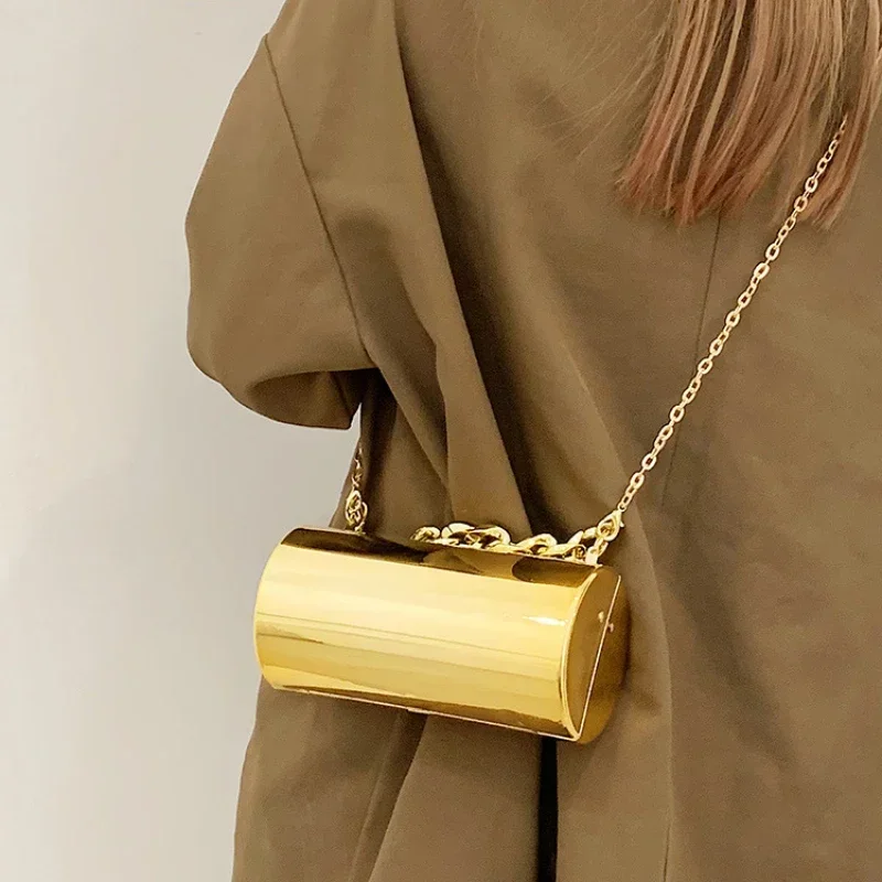 Women\'s Handbag Bags For Women 2024 Party Clutches Fashion Cylinder Mini Evening Purse Crossbody Shoulder Bag Gold Box Clutch