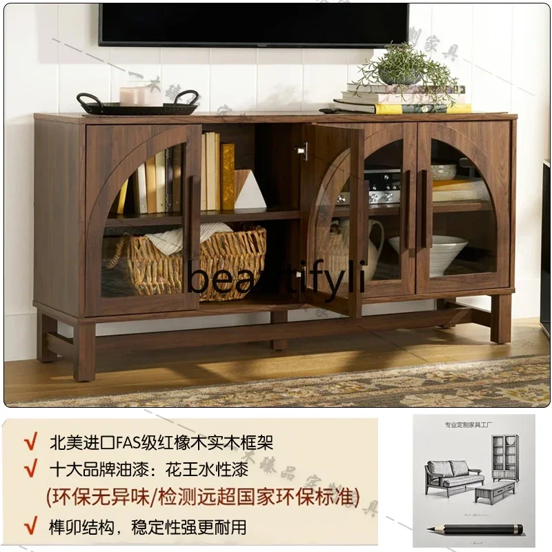 

DD45 French Retro Solid Wood Sideboard Natural Wood Color Glass TV Display Cabinet Storage Cabinet