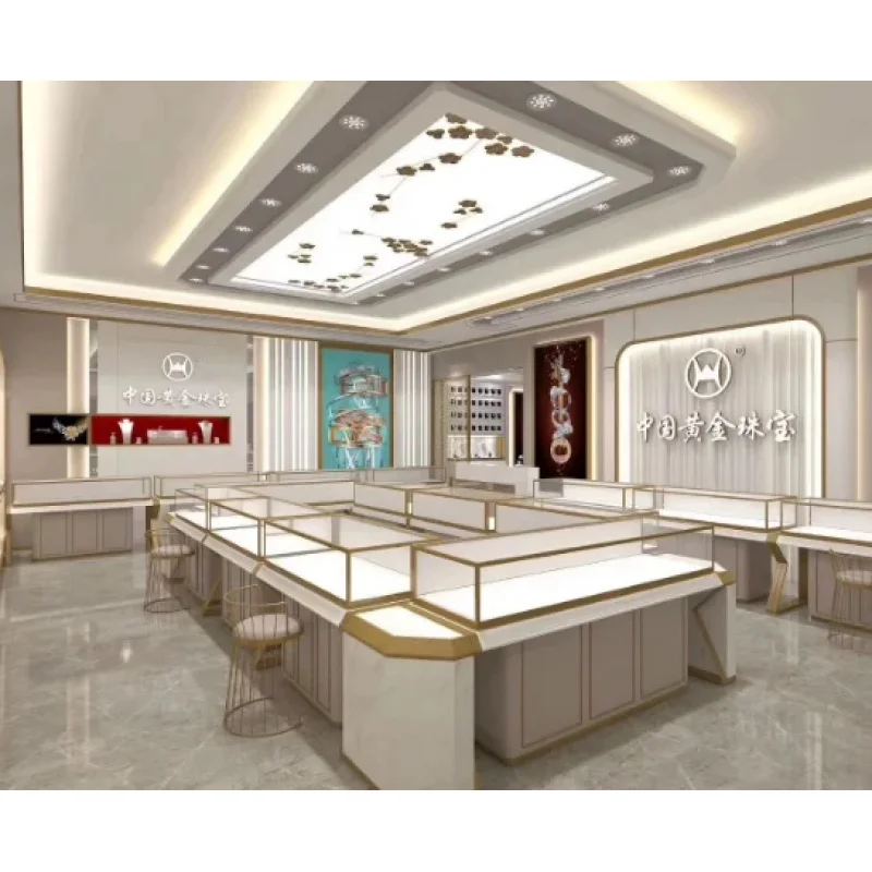 

Customize.High-End Golden Retail Glass Showcase Jewelry Shop Furniture Elegant Jewellery Kiosk and Display Counter