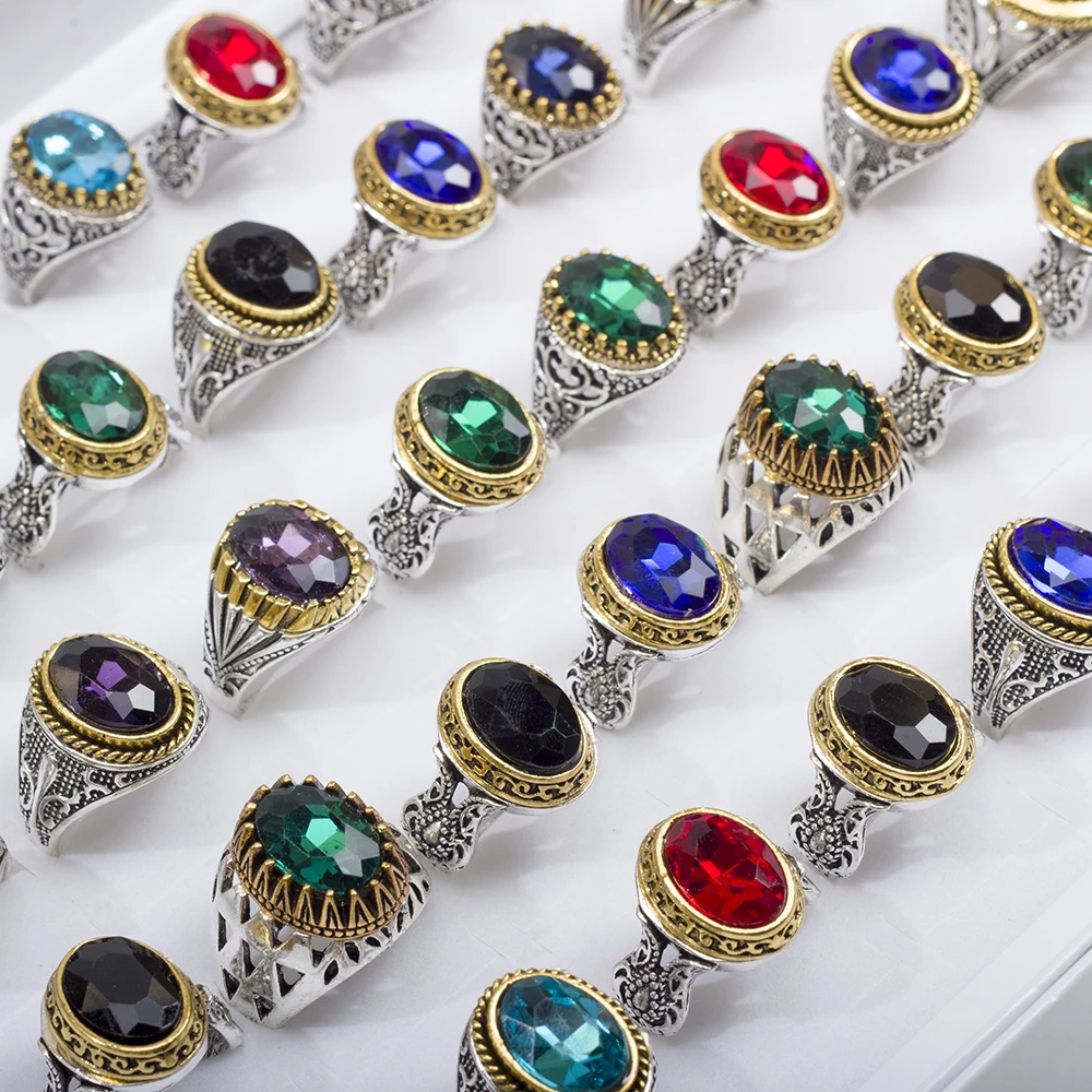 Bulk 20Pcs/Lot Mens Women\'s Vintage Metal Glass Turquoise Stone Rings For Party Gift Wholesale Jewelry