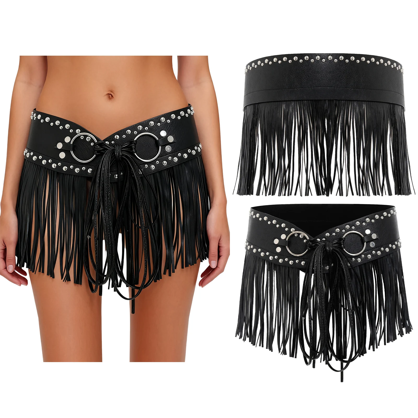 النساء البخار الشرير فو الجلود حزام الخصر المسامير ديكور شرابة هامش قابل للتعديل حزام عريض هالوين المحارب تأثيري التبعي