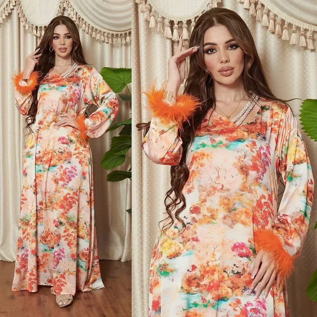 Floral Print Belted Dress Ink Halo Dyeing Abaya Diamonds Band V-neck Robe Elegant Feather Long Sleeves Femme Gown Muslim Robe