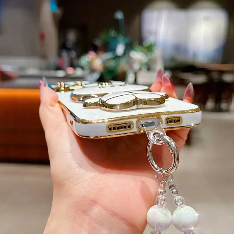 Pearl Strap Lanyard Animal Rabbit Phone Holder Case On For Oneplus 9 9r 8T 10 Ace 11 11R 12 Pro Ace 2b 2 3 3V Stand Back Cover