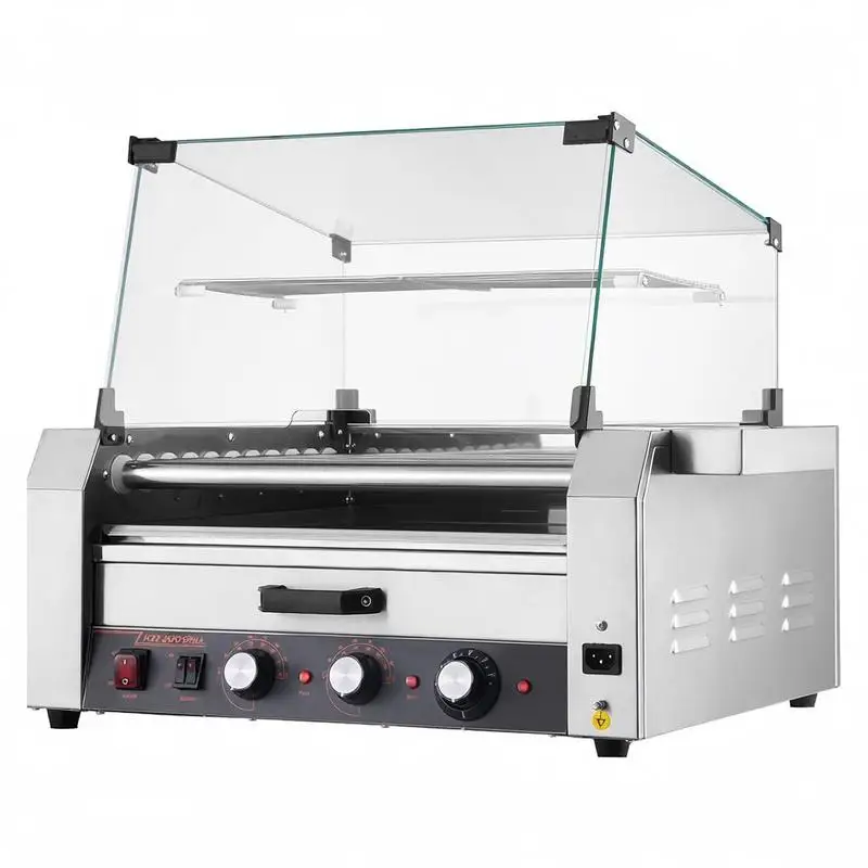Máquina para Asar Salchichas de 23x19x16 Pulgadas para Puestos de Comida, Tiendas de Conveniencia y Eventos, Capacidad para 30 Salchichas, 11 Rodillos, 1950W, Calentador de Panecillos Integrado, Cubierta de Vidrio, 3 Controles de Temperatura, Caja de Almacenamiento Lateral, Bandeja de Aceite Extraíble, Construcción Metálica Profesional