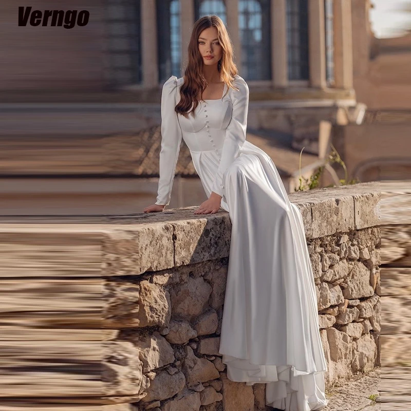 

Verngo Civil Satin Simple Wedding Dresses A-line Square Collar Long Sleeves Women 2024 Bridals Gowns Vestidos De Novia