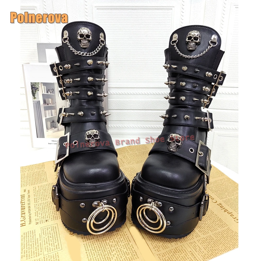 

Wedge Metal Decoration Platform Knight Boots Round Toe Belt Buckle Rivet Punk Y2K Dark Motorcycle Boots 2026 Subculture Style