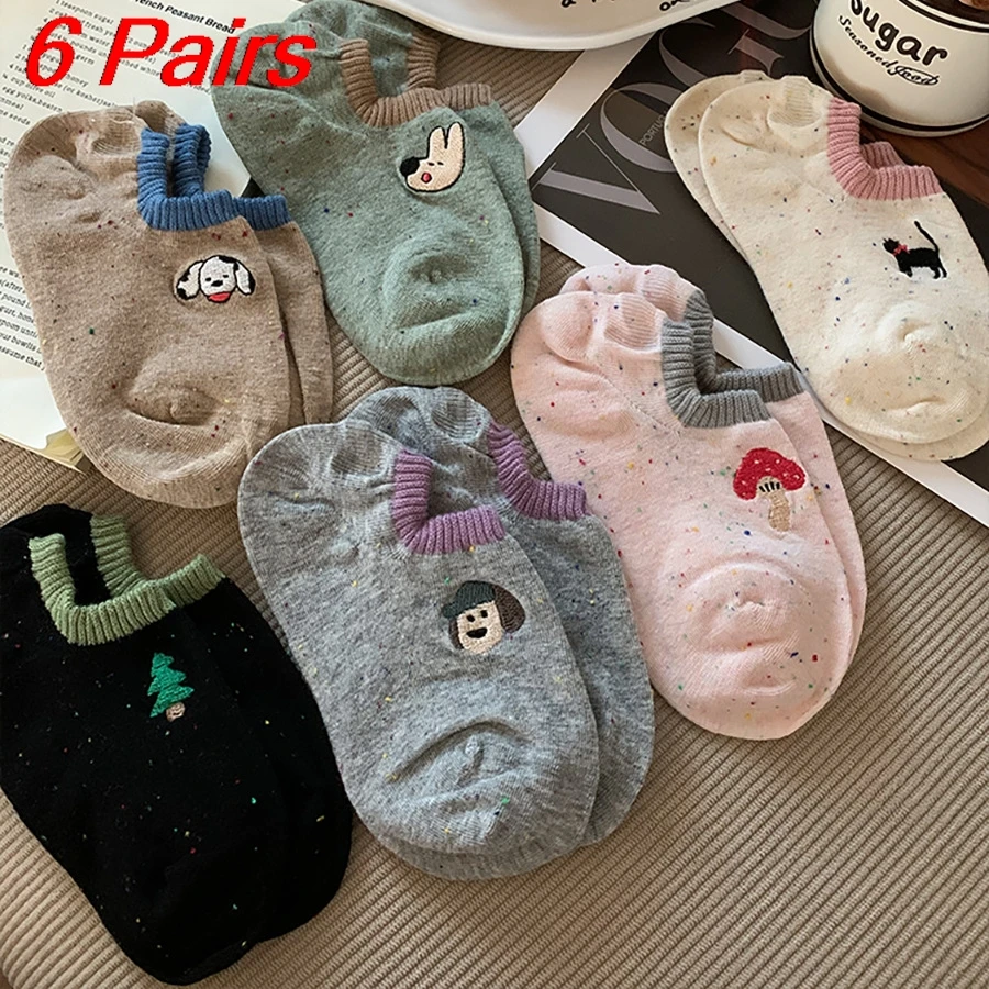6 Pairs Women's Socks Pack Korean Cartoon Embroidery Kawaii Sweet Ankle Socks Summer Anti Slip Invisible Breathable Cotton Socks