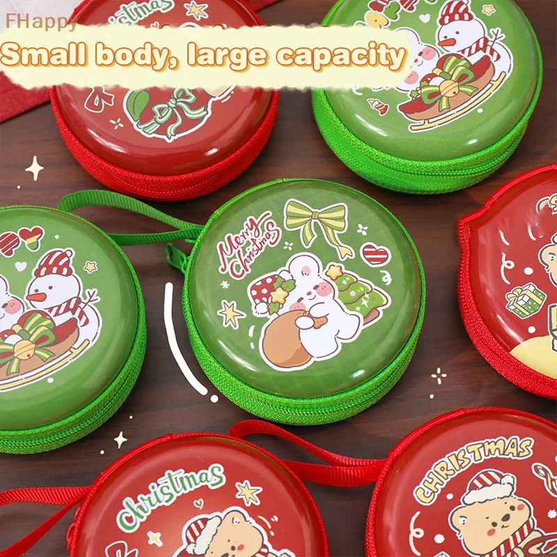 Cartoon Christmas Round Coin Purse Cute Tinplate Christmas Storage Box Mini Portable Wallet Headphone Storage Bag Kids Gifts