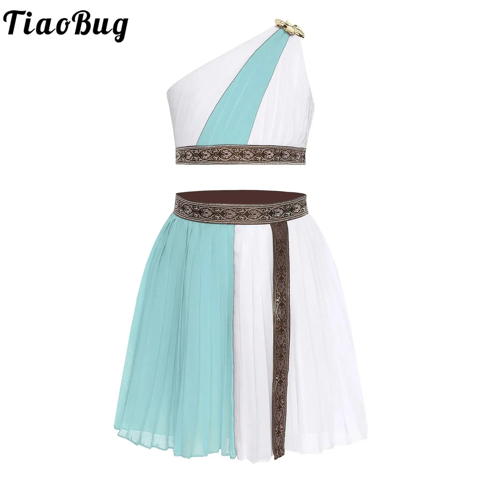 

Girls Roman Greek Costume Halloween Ancient Princess Outfit One Shoulder Crop Top with Skirt Dancewear for Themed Party