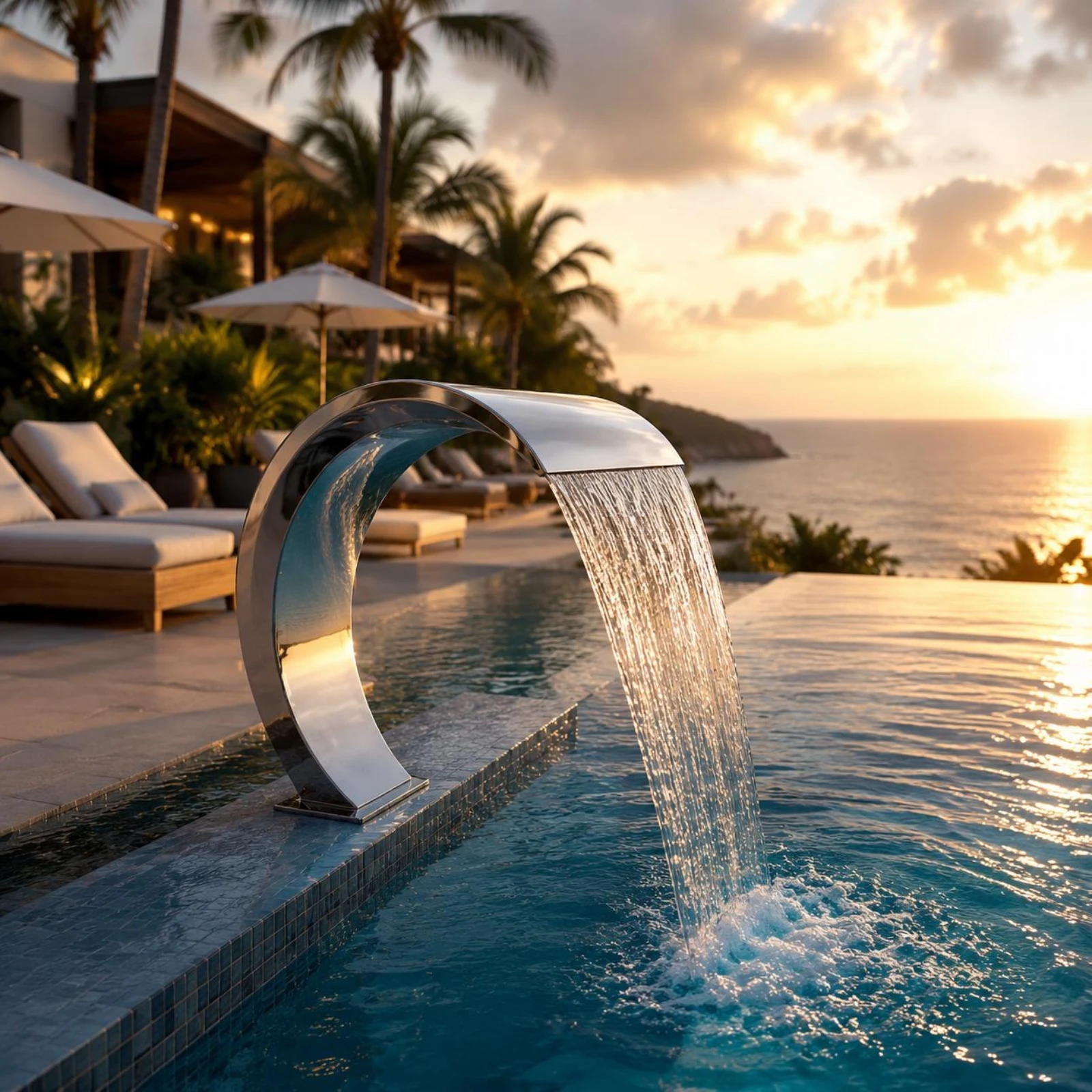 Curved Waterfall Spout Commercial Grade Stainless Steel Pool Waterfall Fountain Nozzle Easy to Install Water Sprayer Mirror