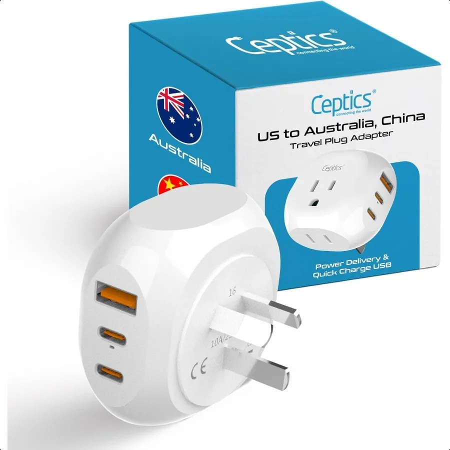 

Australia China Travel Adapter 5 Input with 20W PDQC 3.1A Dual USBC and USB Ultra Compact Light Weight USA to Any Type I Countr