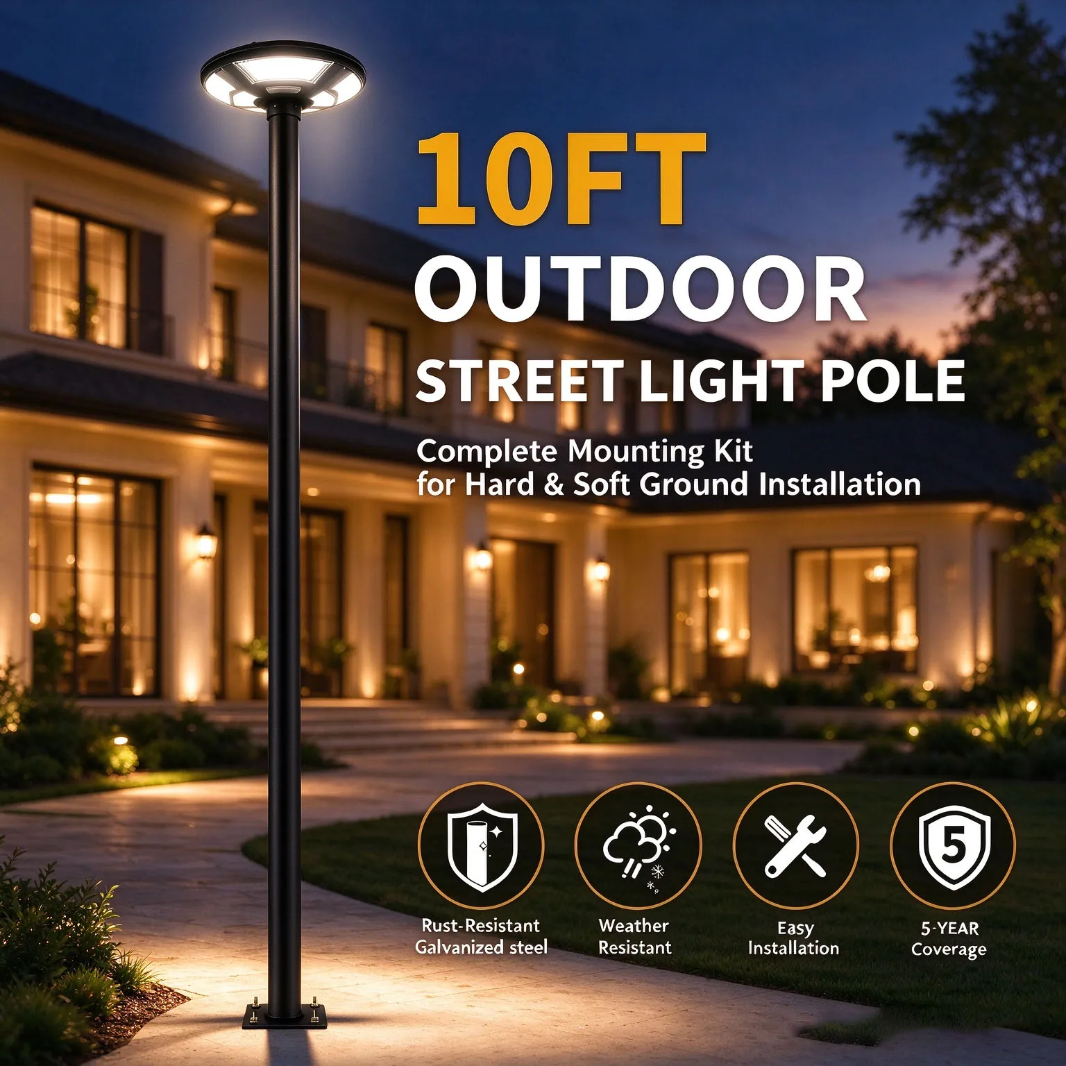 L Shape Wall Mount / 10FT Ground Metal Solar Light Pole Outdoor Light Mounting Bracket Sectional Lamp Post for Street, Patio, Backyard