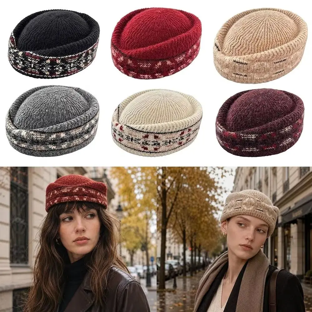 French Style Fair Isle Pattern Pillbox Hat Jacquard Elegant Knitted Beret Hat Dome Fedoras Flat Cap Cocktail Event 3