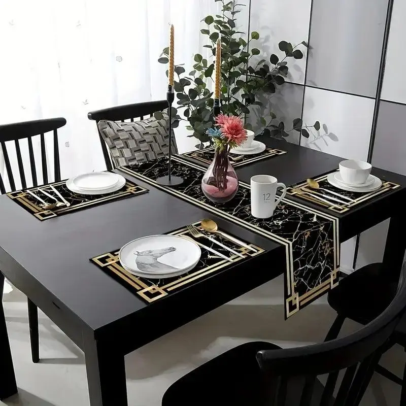 VIKAMA Black Gold Marble Table Runner Placemats Set Waterproof Non Slip Kitchen Dining Home Decor Mat
