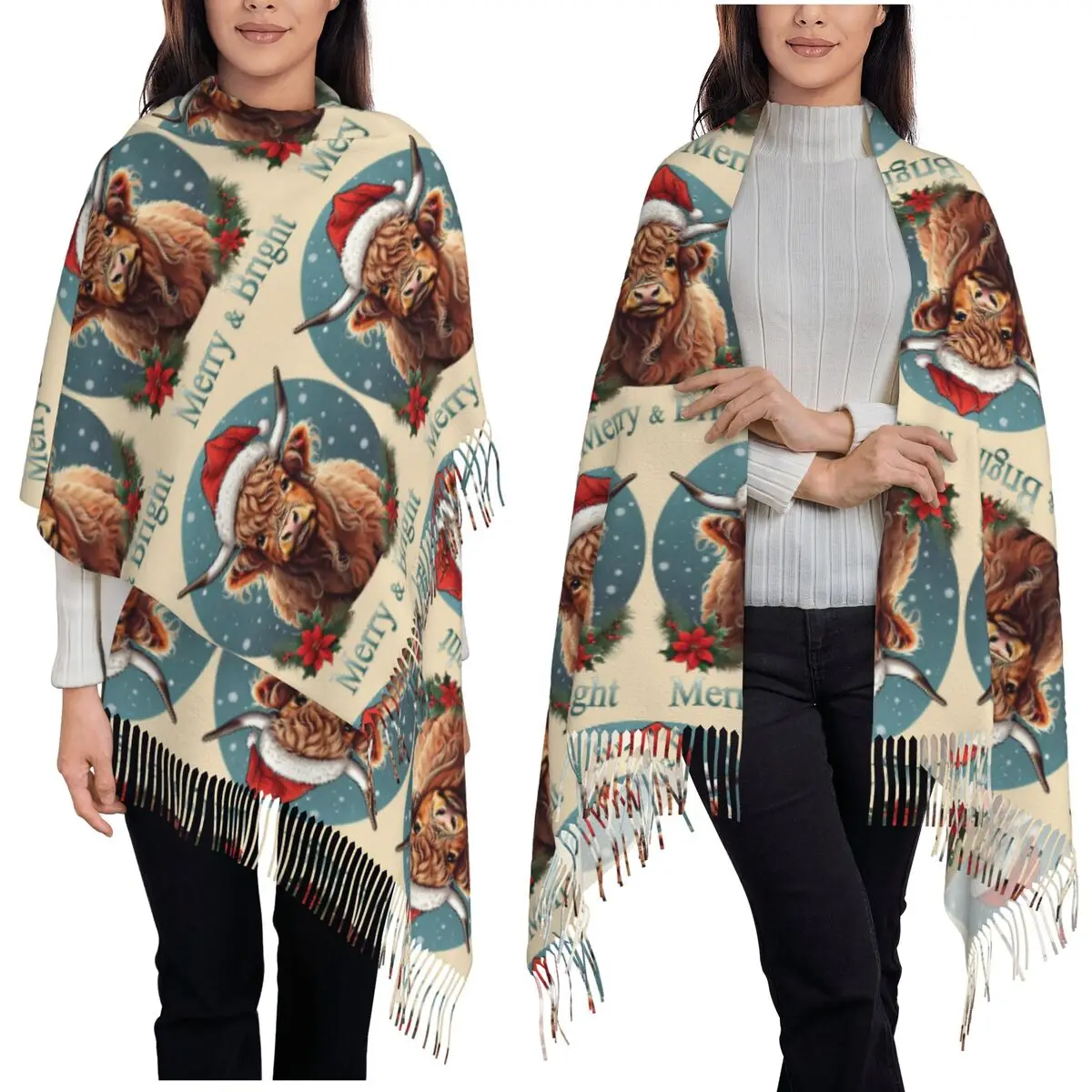 

Highland Cow Christmas Merry And Bright Scarf Tassel Scarves Women Soft Warm Shawls and Wraps Large Fall Winter Shawl Wrap