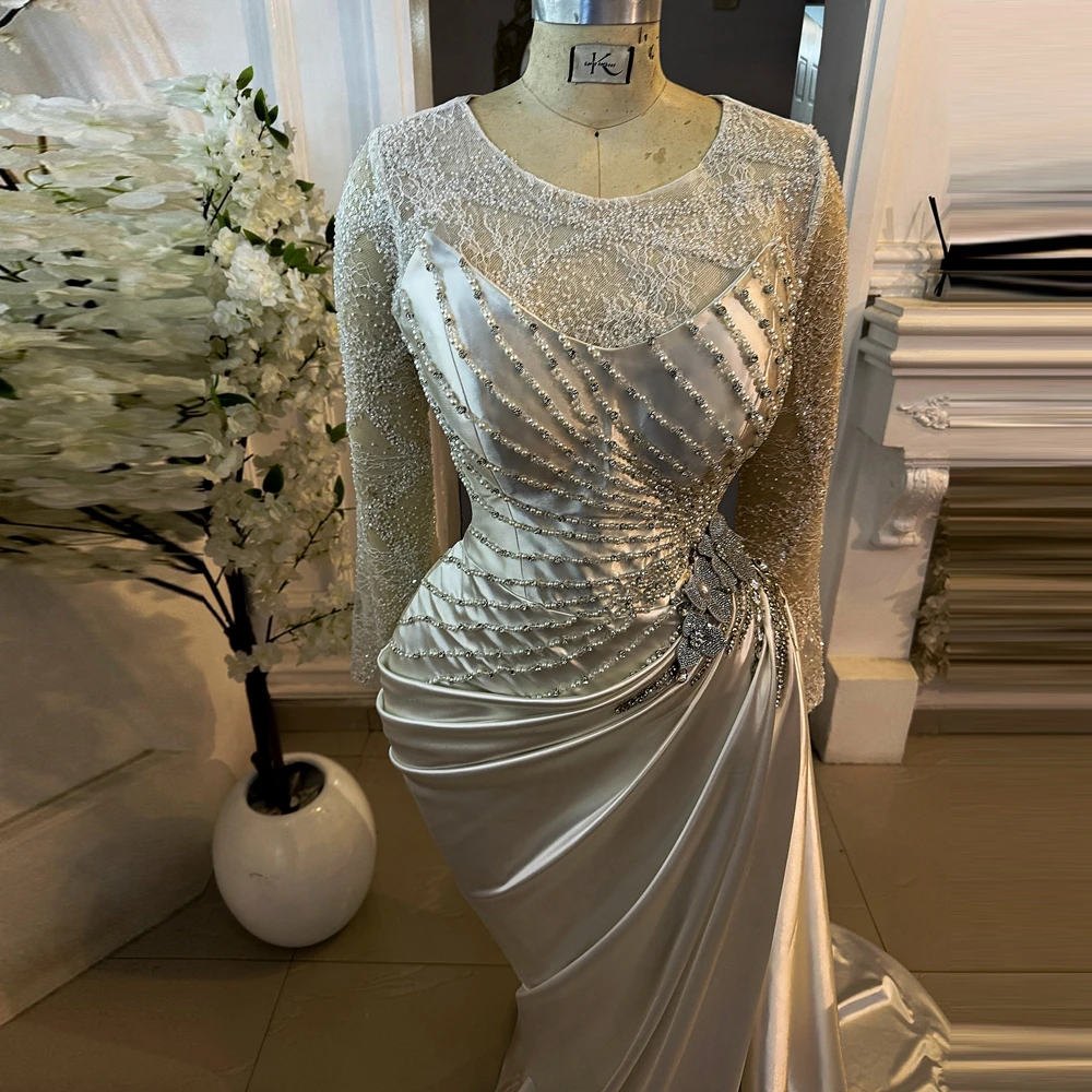 صورة حقيقية اللؤلؤ الساتان فساتين السهرة الوهم مطرز الأزهار حورية البحر أفريقيا فساتين حفلات التفتا طويل رداء حفلات رسمية