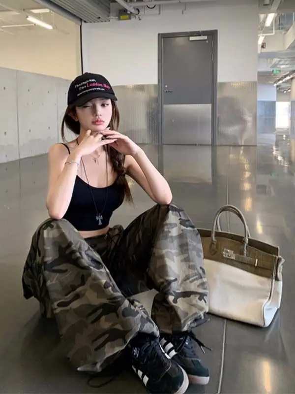 ريترو الرباط تصميم عارضة السراويل النسائية انفجار فضفاضة ورقيقة التمويه وزرة رياضية الشارع السراويل متعددة الاستخدامات