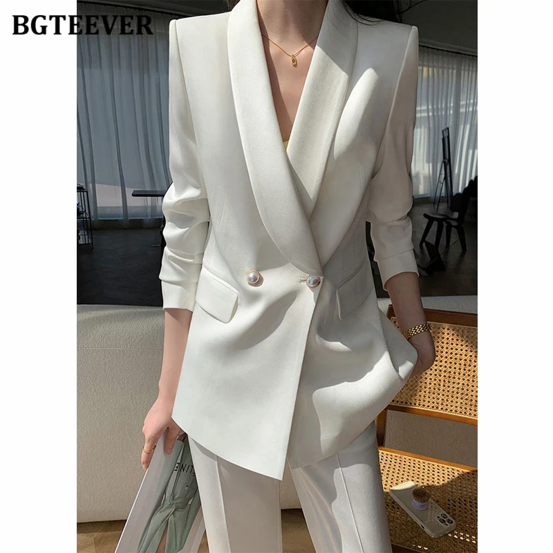 BGTEEVER-Conjunto de chaqueta de manga larga para mujer, traje de dos piezas con doble botonadura, chaquetas y pantalones de pierna ancha, traje