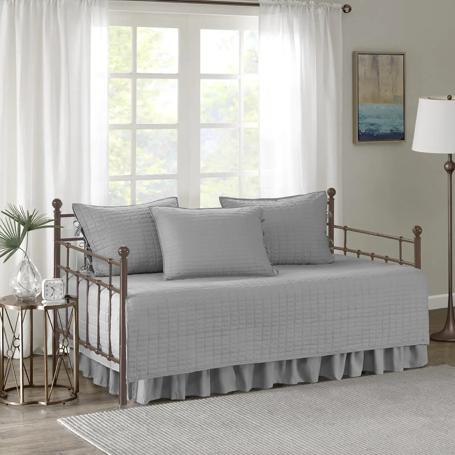 

Daybed Cover - Luxe Double Sided-Quilting, All Season Cozy Bedding With Bedskirt, Matching Shams, Kienna Grey 75""X39"" 5