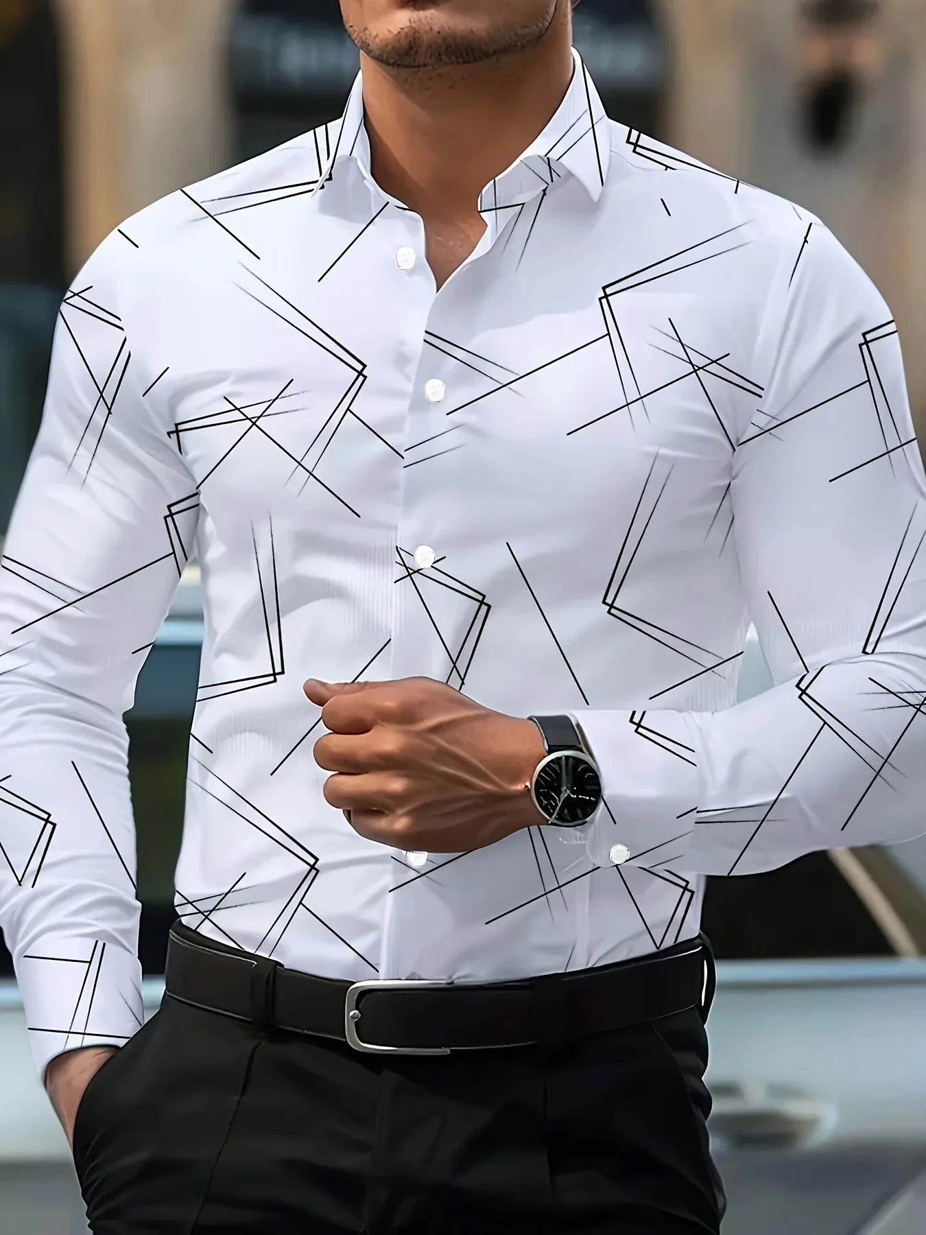 Men's casual dress shirt with long sleeves and stripe pattern