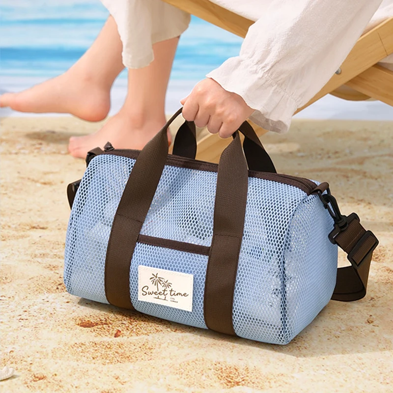 See Through Mesh Beach Bag Quick Dry Swim Gym Duffle Handbag Detachable Crossbody Strap Outdoor Vacation Storage Tote Purse view 2