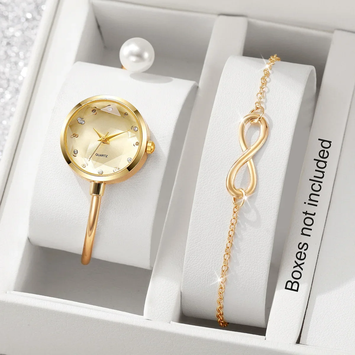 2PCS Elegant Women Quartz Watch Bracelet Set Fashion Pearl Opening-cuff Bangle Girls Wristwatches