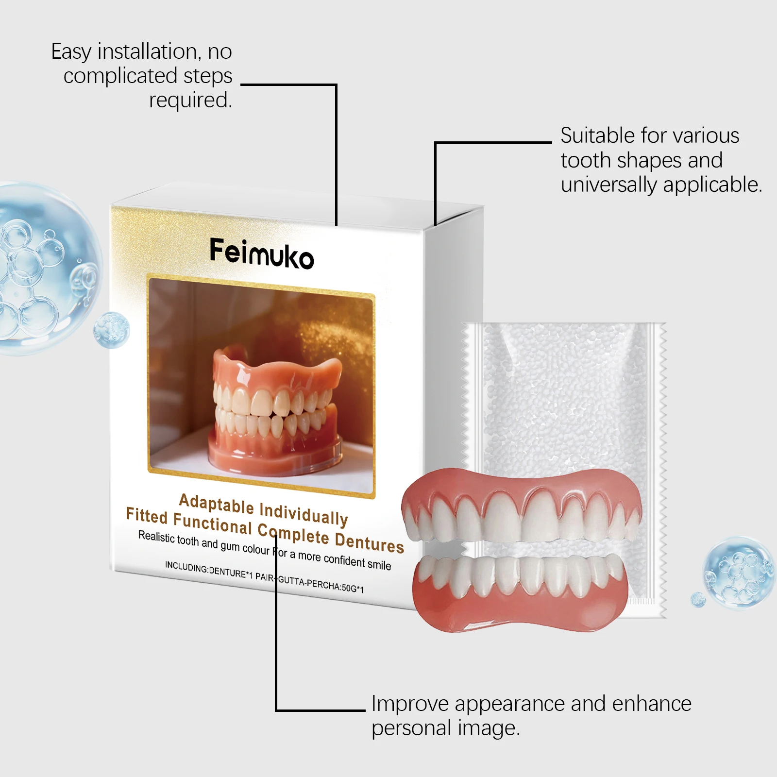 Feimuko Denture Silicone Kit Soft Kit Natural Fit Teeth Upper Lower Sets Covers Gaps Missing Teeth Silicone Pads Soft Men Women