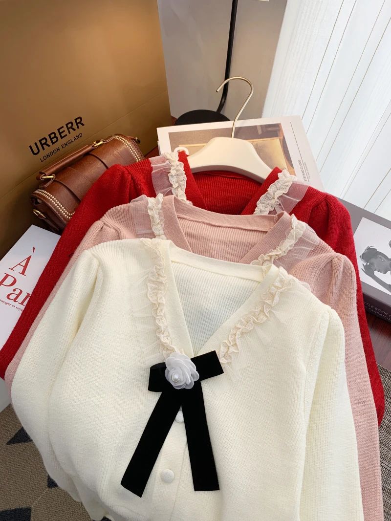 New 2024 Autumn Winter Sweater Women White Red Or Pink Long Sleeve Knitted Tops For Women Korean Fashion Women Sweater With Bow