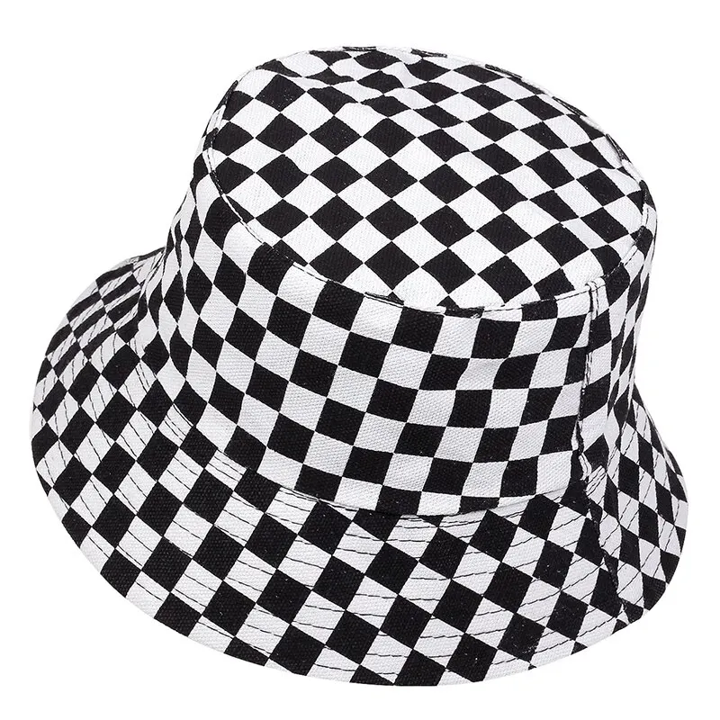 Unisex Black White Checkered Printing Personality Bucket Hats Fishermen Caps Outdoor Casual Cap Sunscreen Hat