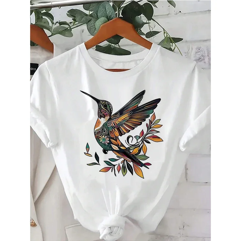 New Vibrant Hummingbird Print Short Sleeve T Shirt Women's Colorful Floral Design Causal T-shirt Clothes Graphic Vintage Tops