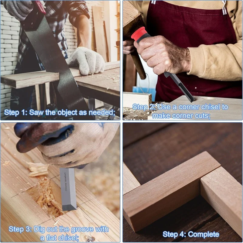 M11K-Wood Chisel Set With 3 Protective Caps Square Mortise Chisels With Non-Slip Handle For Door Mounting Frames