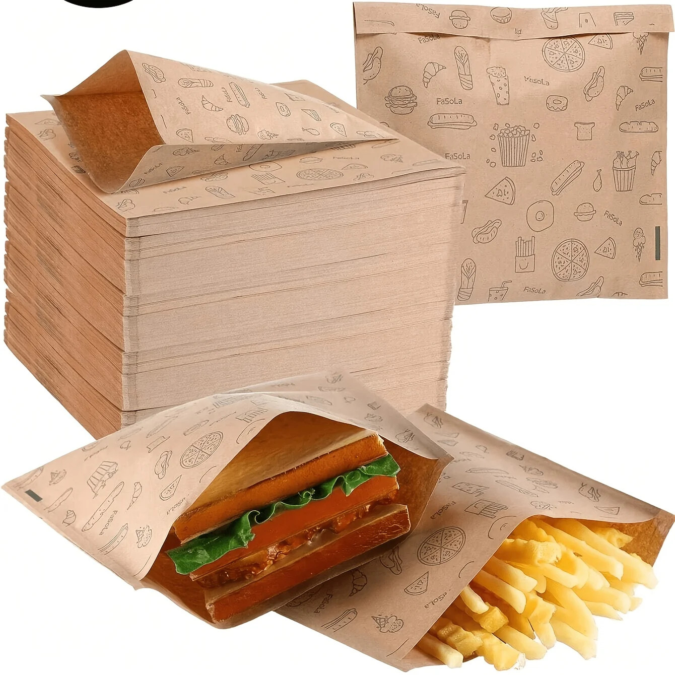 25/50/100 Kraft Oil-resistant Paper Bags for Food Packaging; Brown Food-grade Self-sealing Bags  for Packaging Sandwiches