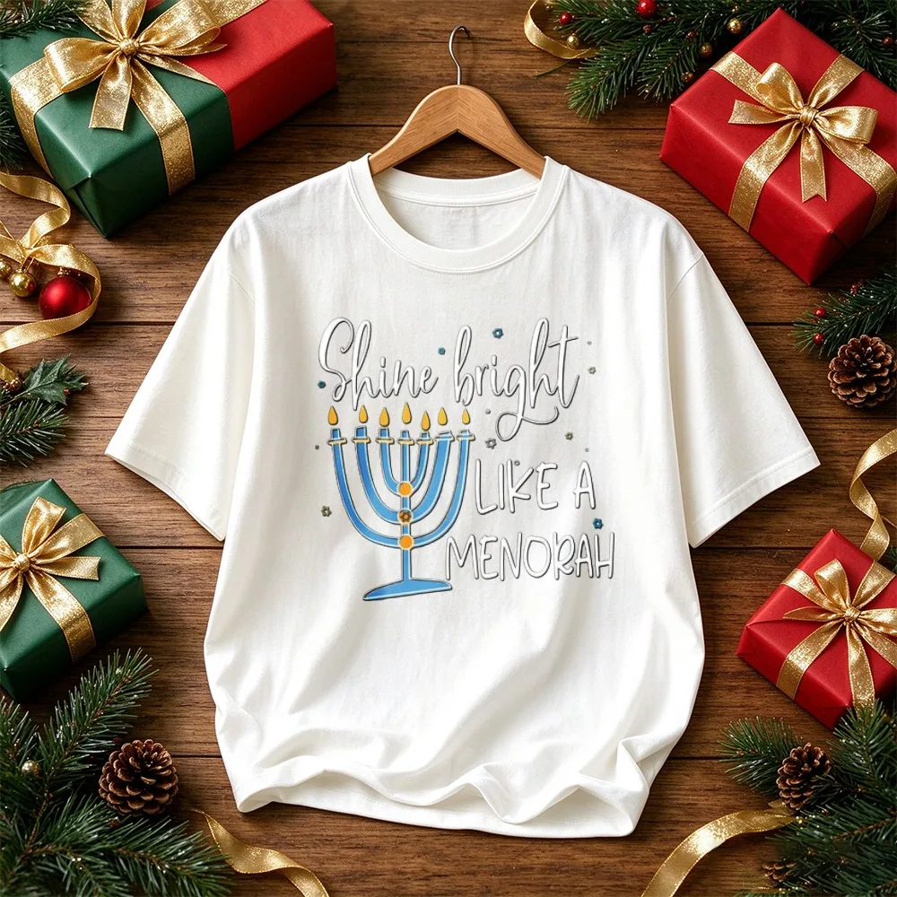 Shine Bright Like A Menorah Hanukkah Blue Candelabra Cute Text Graphic Print Top Funny Jewish Festival of Lights Holiday T-Shirt