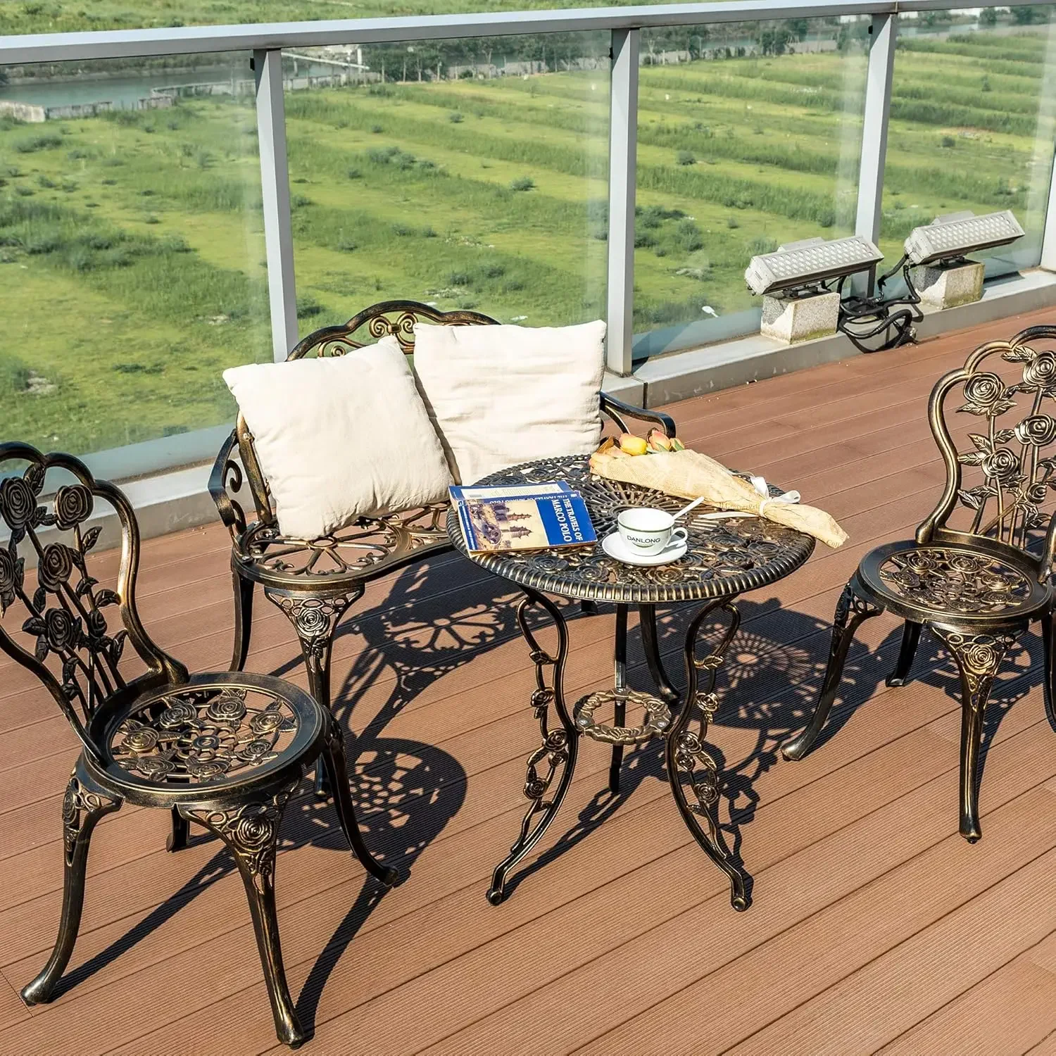 

Set of 4, Patio Rose Table and Chair Set with Umbrella Hole for Balcony All Weather Resistant Bronze