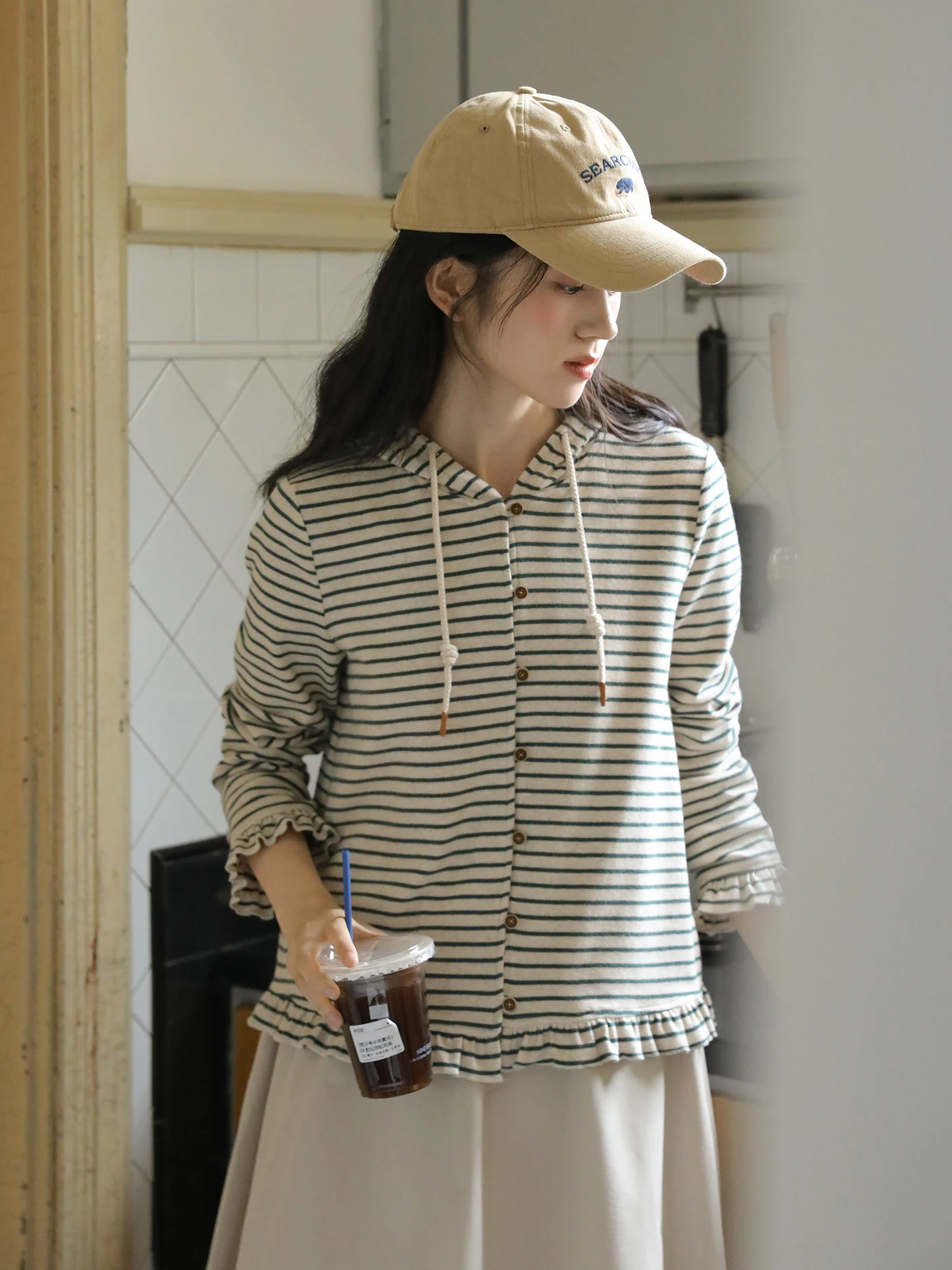 

Nesoulum een Striped Hoodie T-irt Women's Autumn Vintage Long Sve Hem Design Sense Top Casual Loose Fit Cotton Sweatirt