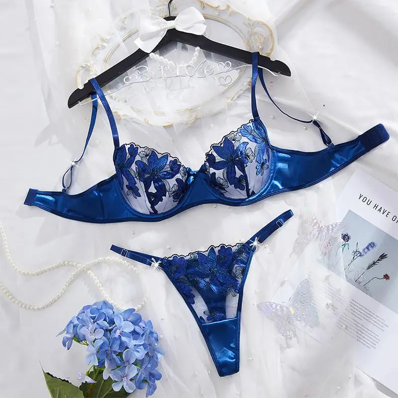 

Sexy Women's Underwear Floral Embroidery Lingerie Set Dark Blue Ultra Thin Erotic Lingerie Translucent Fantasy Mesh Underwear