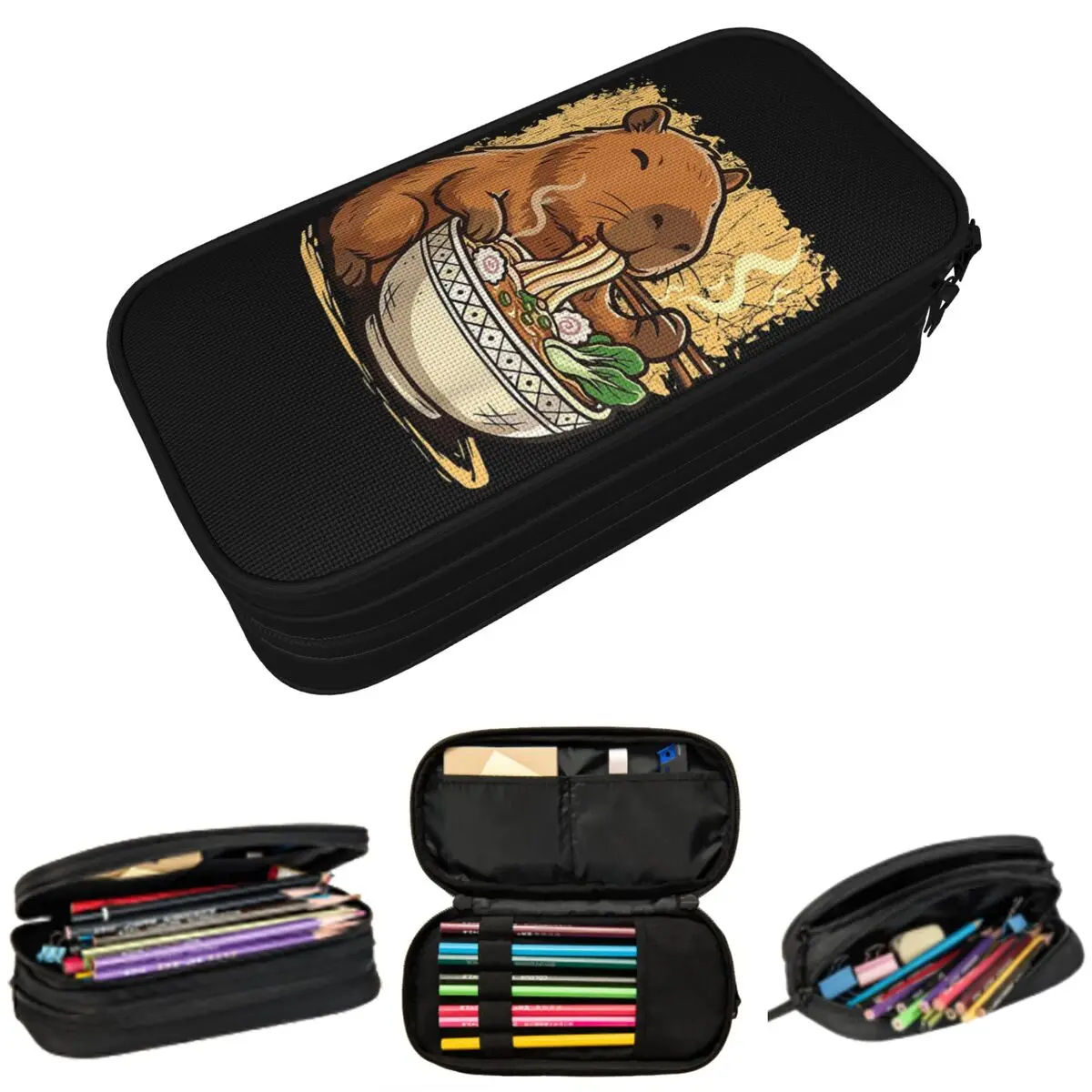 

Пенал для ручек и карандашей с капибарой, едящей японскую лапшу рамен, для мальчиков и девочек, подарок, коробка для ручек, сумка для канцелярских принадлежностей, держатель для ручек