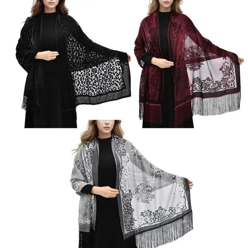 39BD Stylish Women's Shawl Evening Dress Fringed Shoulder Wrap Long Tassels Neckerchief Traditional Chinese Bandana Scarf